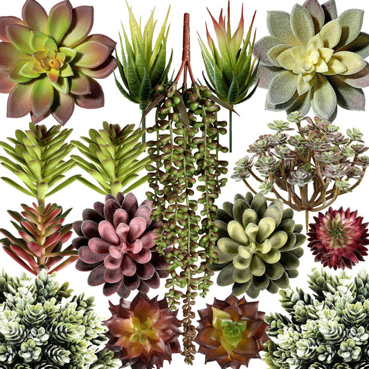 Artificial Succulent Plants Assorted 16 Pcs - Unpotted Realistic Textured Succulent Plants for Decoration