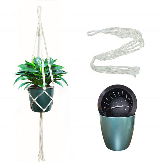 Self-Watering Hanging Planters 6.7" Plastic Flower Pot with Cotton Macrame Hanging Basket 35"