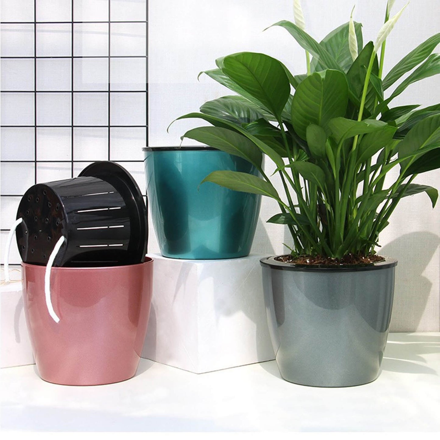 Self-Watering Hanging Planters 6.7" Plastic Flower Pot with Cotton Macrame Hanging Basket 35"